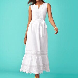 Talbots Dress Womens Size 10P White Eyelet Lace Long Maxi Belted Sleeveless